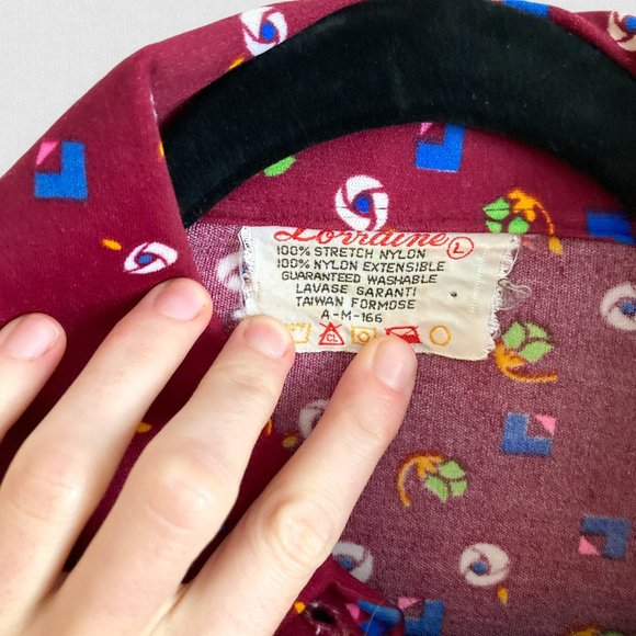 Vintage Floral Print Burgundy Retro 60's Button down Long sleeve Shirt - Picture 4 of 8